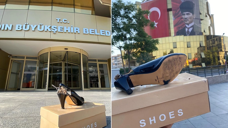 Aydın Büyükşehir Belediye binası önünde kırık topuklu ayakkabılı protesto!